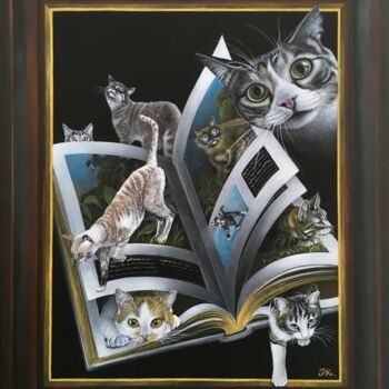 Malerei mit dem Titel "Le livre des chats" von Isabelle Molinard, Original-Kunstwerk, Acryl