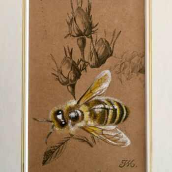 Painting titled "Abeille-rose 2" by Isabelle Molinard, Original Artwork, Watercolor