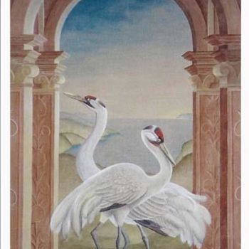 Painting titled "Les grues" by Isabelle Molinard, Original Artwork, Oil