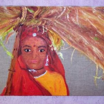 Pintura intitulada "indienne et son foin" por Isabelle Mangin-Lenglet, Obras de arte originais, Óleo