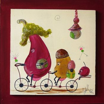 Pittura intitolato "les légumes en vélo…" da Isabelle Weber, Opera d'arte originale, Acrilico