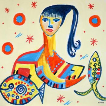 Painting titled "Women with fish" by Sandra Guedes, Original Artwork