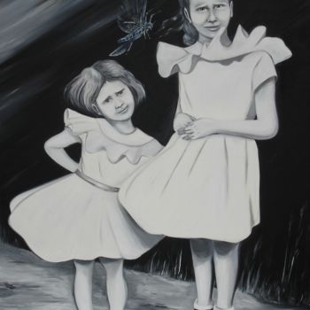 Painting titled "LES FILLETTES AU CR…" by Virginie Isfaoui, Original Artwork, Oil Mounted on Wood Stretcher frame