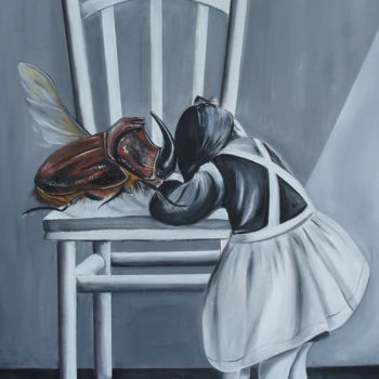 Painting titled "LA FILLETTE AU COLE…" by Virginie Isfaoui, Original Artwork, Oil Mounted on Wood Stretcher frame