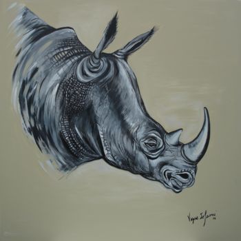 Painting titled "TETE DE RHINOCEROS" by Virginie Isfaoui, Original Artwork, Acrylic Mounted on Wood Stretcher frame
