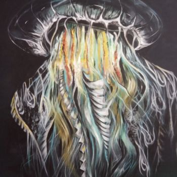 Painting titled "MEDUSE CUBOZOA" by Virginie Isfaoui, Original Artwork, Oil