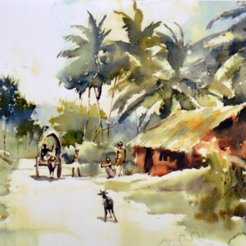 Painting titled "Village Stopover" by Ishan Senaka Hewage, Original Artwork, Acrylic Mounted on Wood Stretcher frame