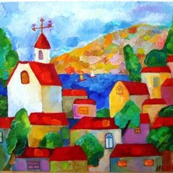 Картина под названием "Красные крыши" - Ищенко Оксана, Подлинное произведение искусства, Масло