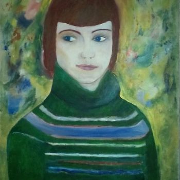 Painting titled "girl in a green swe…" by Irina Ishimscai Victor Golubev, Original Artwork, Oil