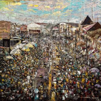 Painting titled "Idumota hustling la…" by Isiuwe Onyeabor Emmanuel, Original Artwork, Acrylic