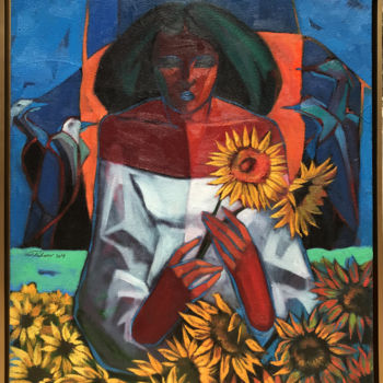 Painting titled "Woman and Sunflowers" by Eslam Elrihany, Original Artwork, Oil