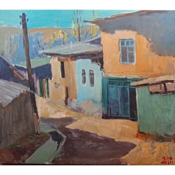 Painting titled "Mahalla" by Islam Doorov, Original Artwork, Oil Mounted on Wood Stretcher frame