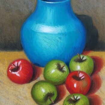 Painting titled "Blue vase and apples" by Ismail Lawal, Original Artwork, Pastel