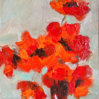 Painting titled "Red Poppies" by Isolde Pavlovskaya, Original Artwork, Oil Mounted on Cardboard