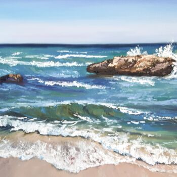 Painting titled "Water and Rocks" by Marina Izotova, Original Artwork, Oil Mounted on Wood Stretcher frame