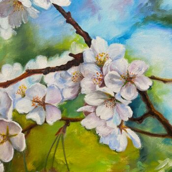 Painting titled "Cherry Blossom" by Marina Izotova, Original Artwork, Oil Mounted on Wood Stretcher frame