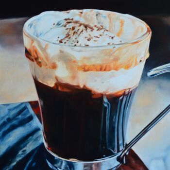 Painting titled "Morning coffe 5." by Istvan Cene Gal, Original Artwork, Oil Mounted on Wood Stretcher frame