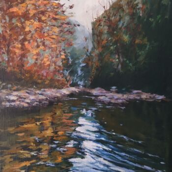 Painting titled "Autumny creek" by István Kenéz, Original Artwork, Oil Mounted on Wood Stretcher frame