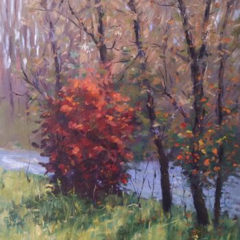 Painting titled "Autumn by the creek" by István Kenéz, Original Artwork, Oil Mounted on Wood Stretcher frame