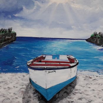 Schilderij getiteld "fishing boat" door Ita Mercera, Origineel Kunstwerk, Olie