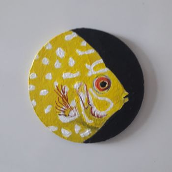 Malerei mit dem Titel "gold discus fish" von Ita Mercera, Original-Kunstwerk, Acryl Auf Metall montiert