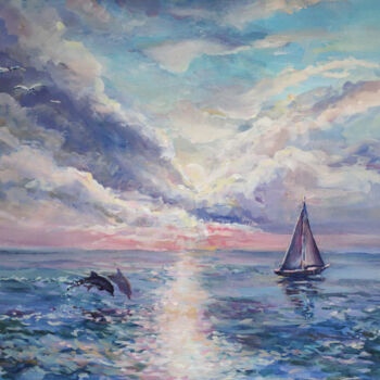 Peinture intitulée "Sunset on the sea" par Timonina Nataliia, Œuvre d'art originale, Huile Monté sur Châssis en bois