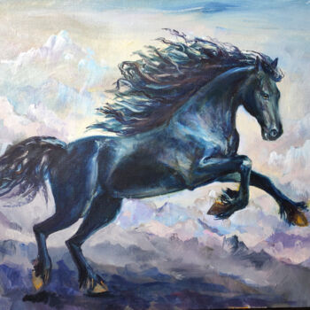 Картина под названием "Black horse" - Тимонина Наталия, Подлинное произведение искусства, Масло Установлен на картон