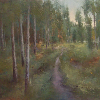 Картина под названием "Лес. Вечер." - Elena Yudina, Подлинное произведение искусства, Масло Установлен на Деревянная панель
