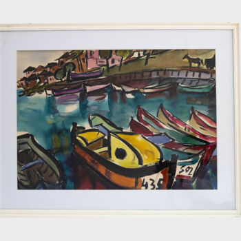 Painting titled ""Boats at the black…" by Iulia Hălăucescu, Original Artwork, Watercolor