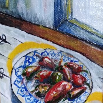 Peinture intitulée "Peppers on a plate" par Iuliana Moraru Murgulescu (Iulia), Œuvre d'art originale, Acrylique