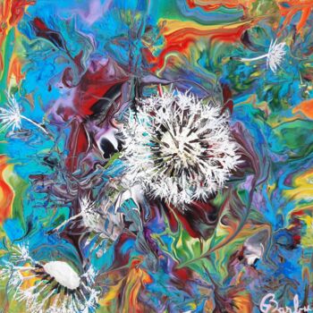 Painting titled "Dandelion Wishes" by Iuliana Barbu, Original Artwork, Acrylic Mounted on Wood Stretcher frame