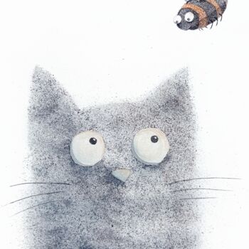Painting titled "Cat & Bee (Guest)" by Iuliia Andriiets, Original Artwork, Watercolor