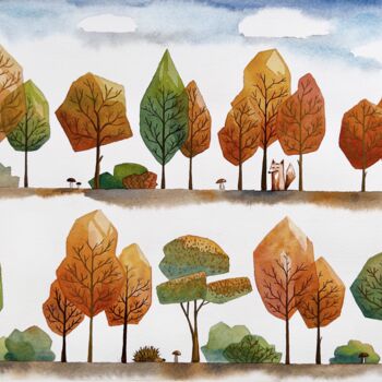 Картина под названием "Autumn Trees" - Iuliia Andriiets, Подлинное произведение искусства, Акварель