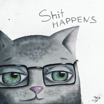 Картина под названием "Sad Cat (Shit Happe…" - Iuliia Andriiets, Подлинное произведение искусства, Акварель