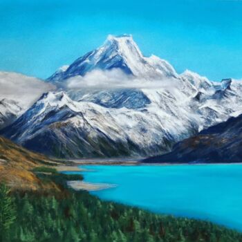 Malarstwo zatytułowany „Mountains and lake” autorstwa Iuliia Aubony, Oryginalna praca, Pastel