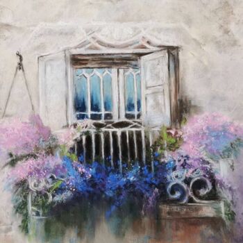 Schilderij getiteld "Balcon en fleurs" door Iuliia Aubony, Origineel Kunstwerk, Pastel