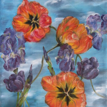 Painting titled "011 Tulipes et Iris…" by Iuliia Serpilina, Original Artwork, Oil Mounted on Wood Stretcher frame