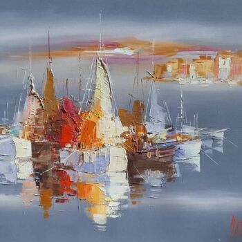 Peinture intitulée "bateaux au large de…" par Ivan, Œuvre d'art originale, Huile