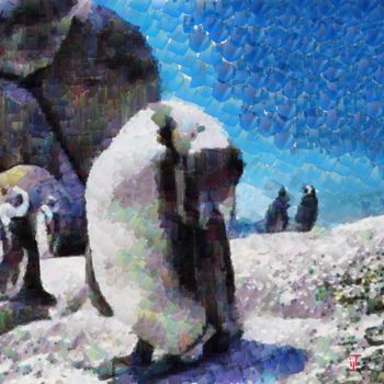 Painting titled "Penguins - Boulders…" by Ivan-Jay Turner, Original Artwork, Oil