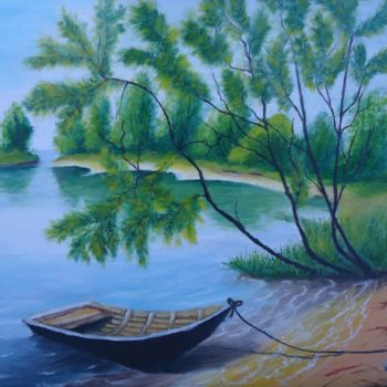 Painting titled "Лодка в заливе" by Ivan Lednev, Original Artwork, Oil