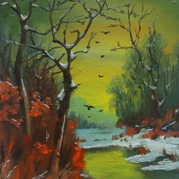 Картина под названием "утро в зимнем лесу" - Иван Лендел, Подлинное произведение искусства, Масло