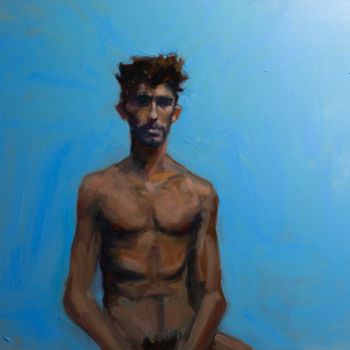 Malerei mit dem Titel "Julien with Blue Ba…" von Ivan Muri, Original-Kunstwerk, Öl Auf Holzplatte montiert