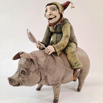 Rzeźba zatytułowany „Clown with a Pig” autorstwa Ivan Panov, Oryginalna praca, Ceramika