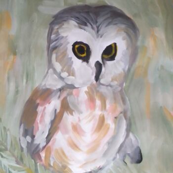 Schilderij getiteld "Gray owl" door Ivan Skripel, Origineel Kunstwerk, Gouache