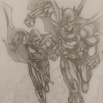 Drawing titled "Batman and Robin" by Ivan Yanshin, Original Artwork, Pencil