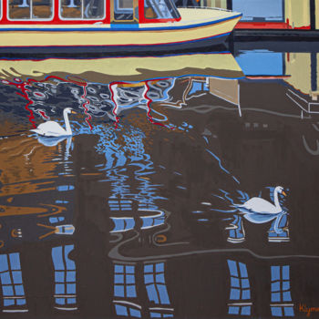 Painting titled "Two swans, Amsterdam" by Ivan Klymenko, Original Artwork, Oil