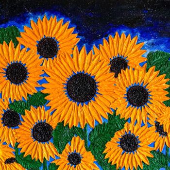 Painting titled "Space sunflowers" by Ivanna Mois, Original Artwork, Acrylic Mounted on Wood Stretcher frame