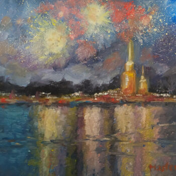 Painting titled "Fireworks on the Ne…" by Svetlana Ivanova, Original Artwork, Oil