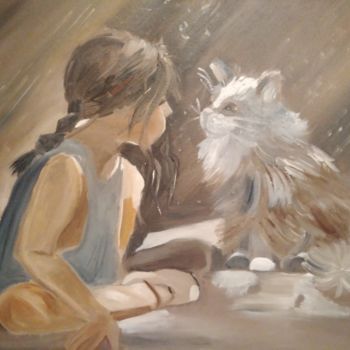 Картина под названием "Девочка с кошкой" - Елена Иванцова, Подлинное произведение искусства, Масло
