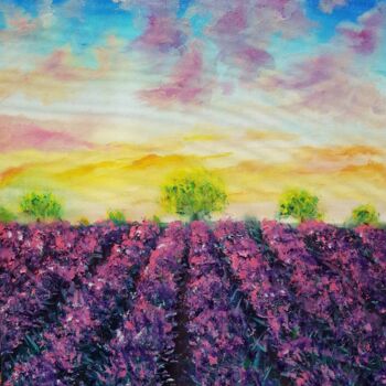 Pintura titulada "Lavender field at s…" por Ivelina Hrytsylo, Obra de arte original, Oleo